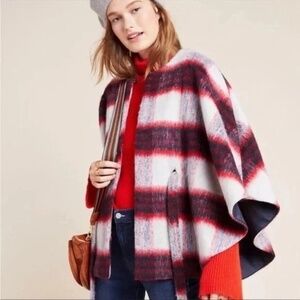 ANTHROPOLOGIE Anderson & Lauth Blue Plaid Brushed Wool Poncho Belted Cape O/S